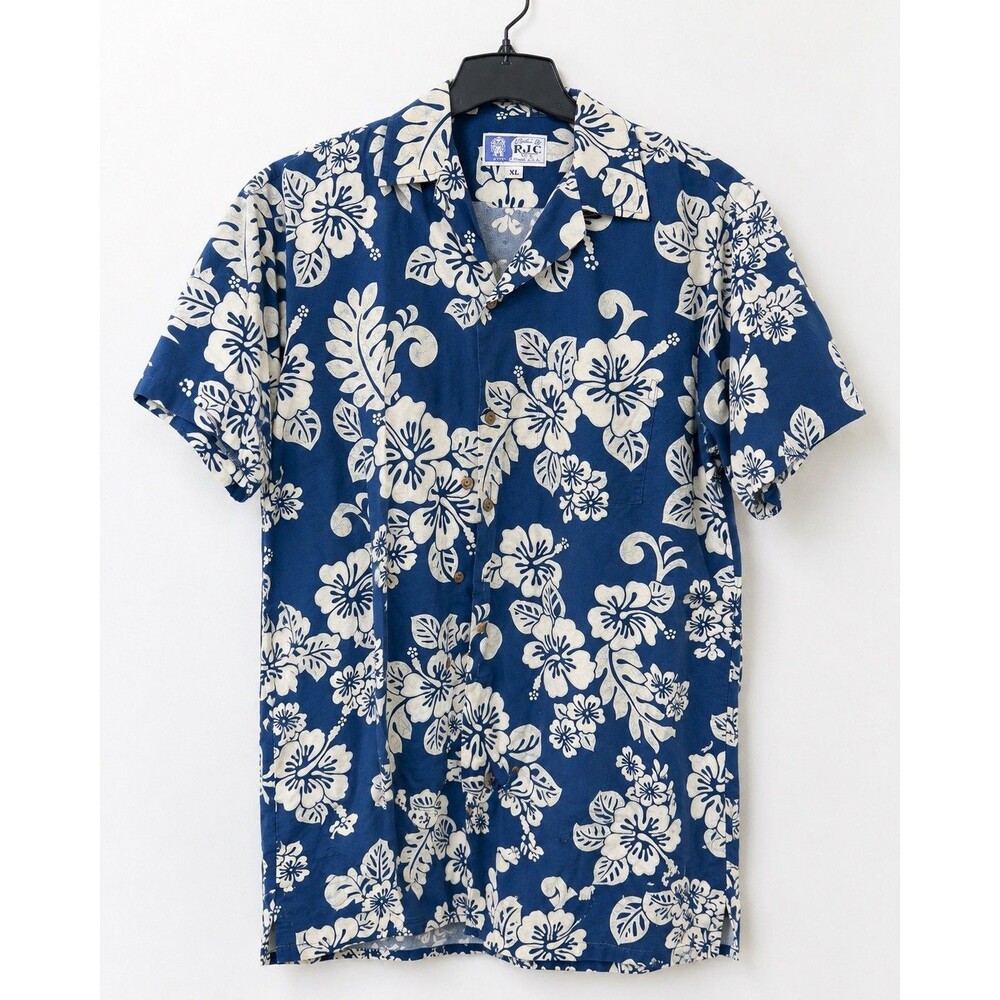 RJC Hawaiian Aloha Camp Shirt Men's XL Navy Blue White Floral Cotton Button Up